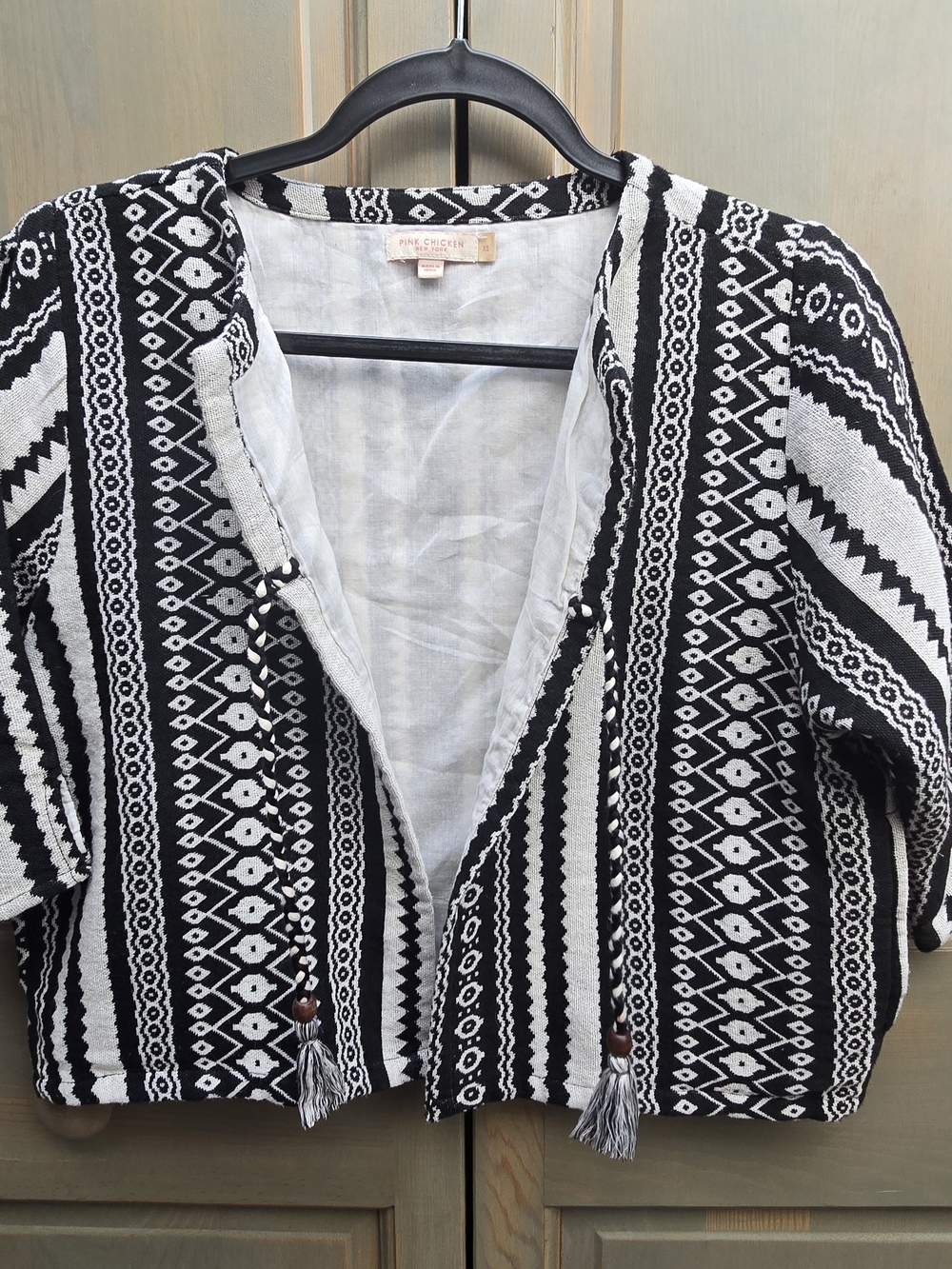 Pink Chicken Linen Jacket with Black Geometric Pattern